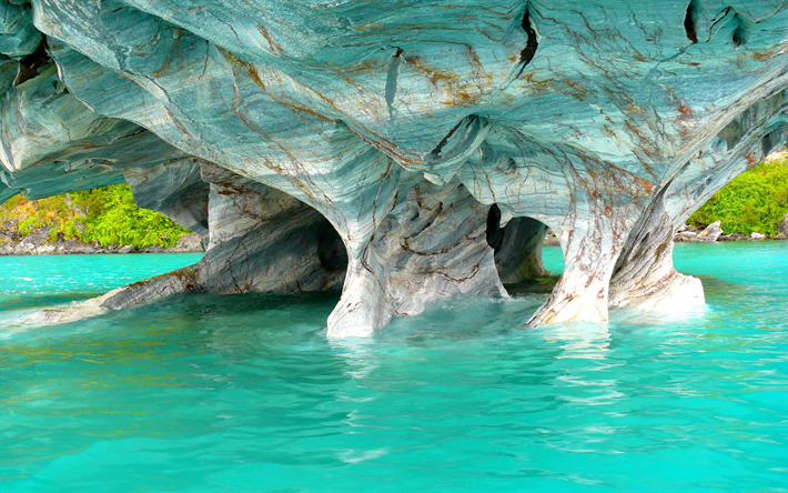 Marble caves, 4k, ocean, blue water, cliffs, South America, Chile