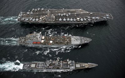 aircraft carrier, USS Abraham Lincoln, CVN-72, view from above, Nimitz-class, warships, US Navy, auxiliary ships, destroyer, USA