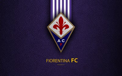 Fiorentina FC, 4K, Italian football club, Serie A, emblem, logo, leather texture, Florence, Italy, Italian Football Championships, ACF Fiorentina