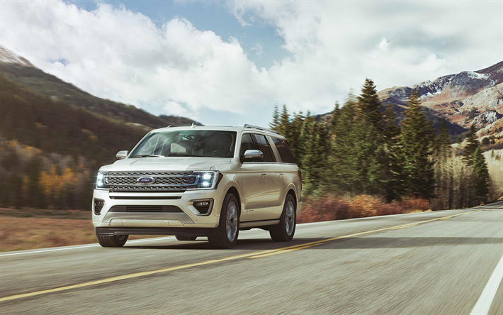 Ford Expedition, 2018, 4k, American SUV, luxury cars, white Expedition, road, speed, USA, Ford