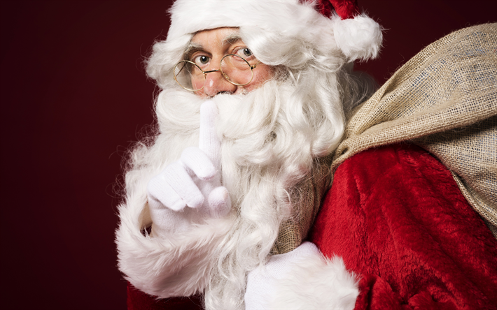 Santa Claus, 4k, barba blanca, A&#241;o Nuevo, Navidad, bolsa con regalos