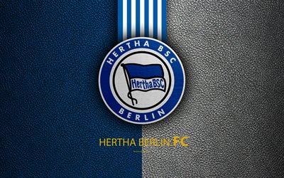 Hertha Berlin FC, 4K, club de football allemand, de la Bundesliga, le cuir &#224; la texture, l&#39;embl&#232;me, le Hertha BSC logo, Berlin, Allemagne, allemand Championnats de Football