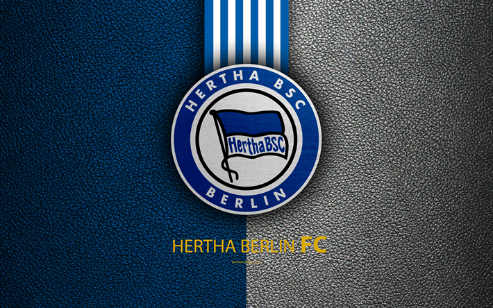 Hertha Berlin FC, 4K, German football club, Bundesliga, leather texture, emblem, Hertha BSC logo, Berlin, Germany, German Football Championships