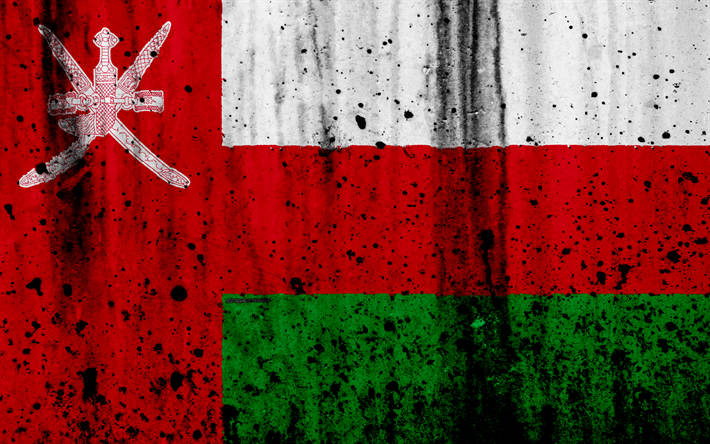 Omani bandiera, 4k, grunge, bandiera dell&#39;Oman, in Asia, in Oman, simboli nazionali, la bandiera nazionale dell&#39;Oman