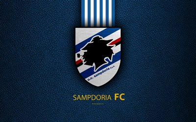 Sampdoria FC, 4K, Italian football club, Serie A, emblem, Sampdoria logo, leather texture, Genoa, Italy, Italian Football Championships