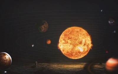 sun, galaxy, planets, astronaut, solar system