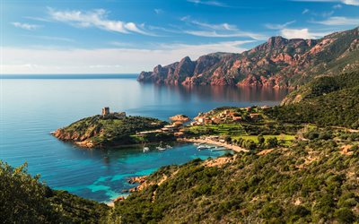 Orange cliffs, sea, bay, Corsica, France, Europe