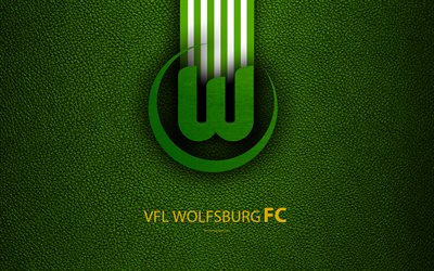 VfL Wolfsburg FC, 4k, German football club, Bundesliga, leather texture, emblem, logo, Wolfsburg, Germany, German Football Championships