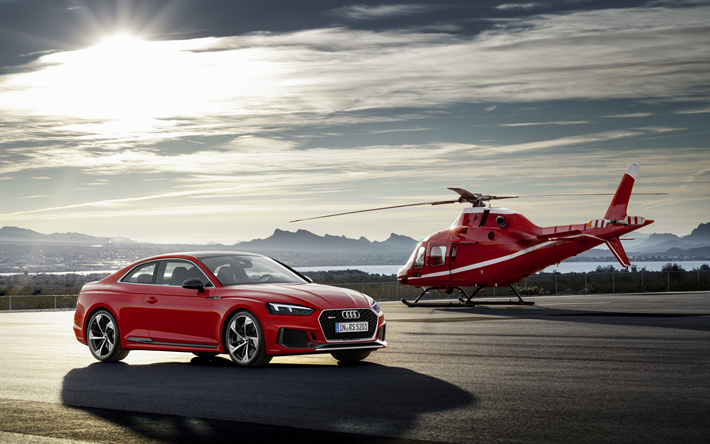 Audi RS5 Coupe, 2018, 4k, kırmızı spor coupe, kırmızı helikopter, Alman otomobil, kırmızı RS5, Audi