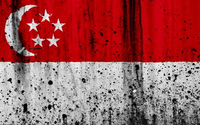 シンガポールフラグ, 4k, グランジ, 旗のシンガポール, アジア, シンガポール, 国立記号, シンガポール国旗