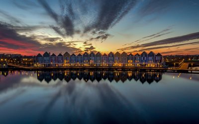 Hauten, quay, city lights, colorful houses, evening, Holland, Netherlands