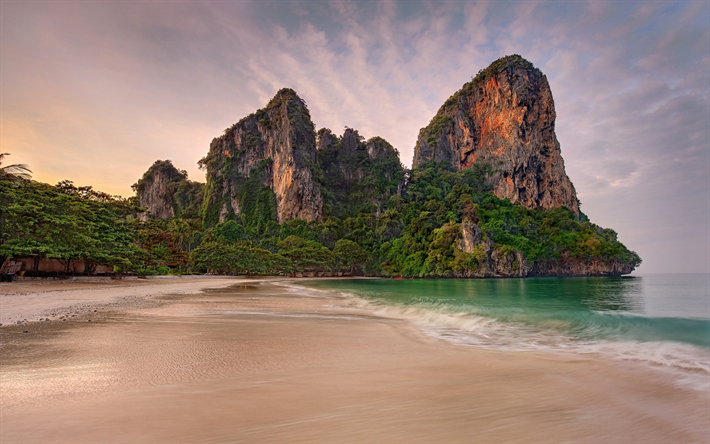 beach, Thailand, tropical island, rocks, sea, palm trees, rainforest, resort, travel