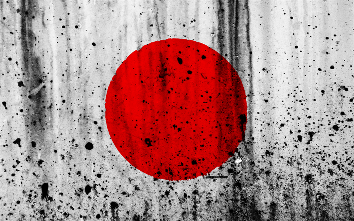 Japonya, Japon bayrağı, 4k, grunge, bayrak, Asya, ulusal semboller, Japonya ulusal bayrak