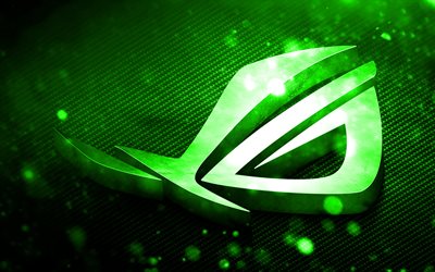 RoG logotipo verde, arte 3D, Republic of Gamers, verde metal de fondo, RoG logo en 3D, ASUS, creativo, RoG