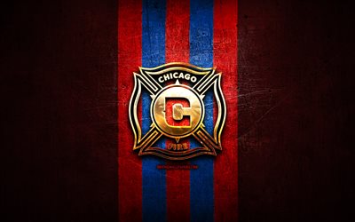 Chicago Fire FC, golden logo, MLS, red metal background, american soccer club, Chicago Fire, United Soccer League, Chicago Fire logo, soccer, USA