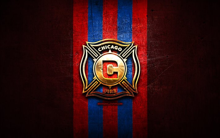 Chicago Fire FC, golden logotyp, MLS, red metal bakgrund, amerikansk fotboll club, Chicago Fire, United Soccer League, Chicago Fire-logotypen, fotboll, USA