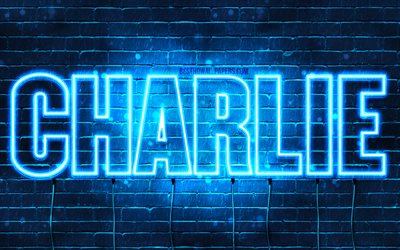 Charlie, 4k, wallpapers with names, horizontal text, Charlie name, blue neon lights, picture with Charlie name