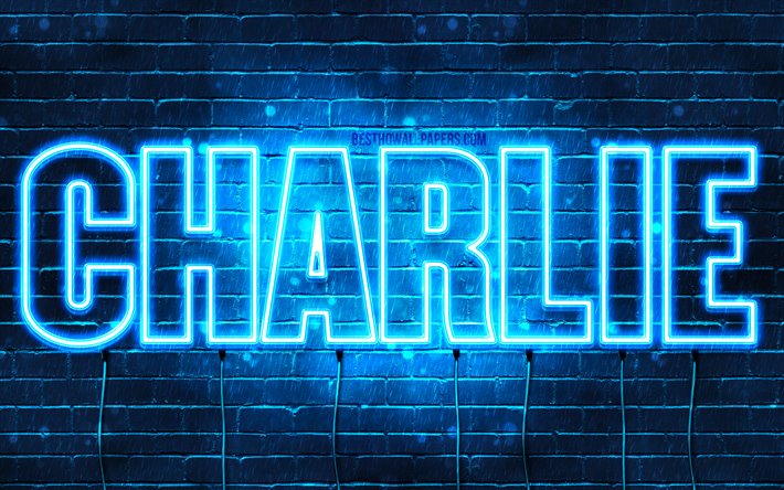 Charlie, 4k, fondos de pantalla con los nombres, el texto horizontal, Charlie nombre, luces azules de ne&#243;n, de la imagen con el nombre de Charlie