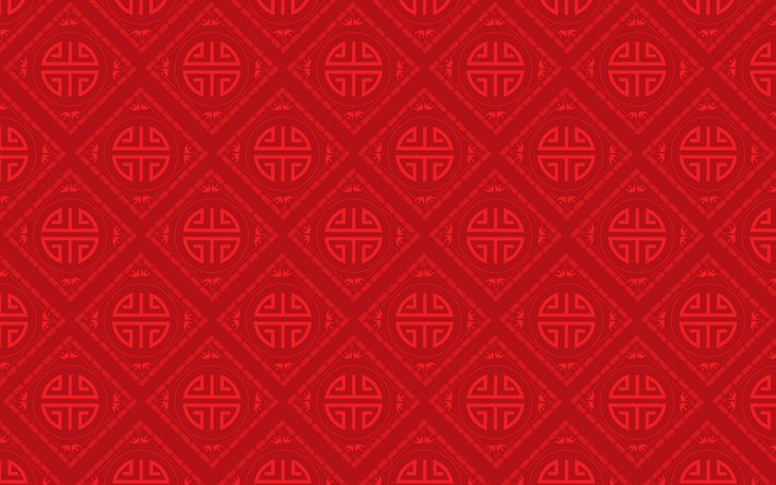 punainen kiinan tausta, kiinan koristeet, 4k, kiinan ornamentti tausta, kiinan malleja, punainen taustat
