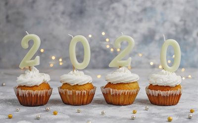 2020 concetti, 2020 Anno Nuovo, Candele in un cupcake, Felice Nuovo Anno 2020, dolci, Natale