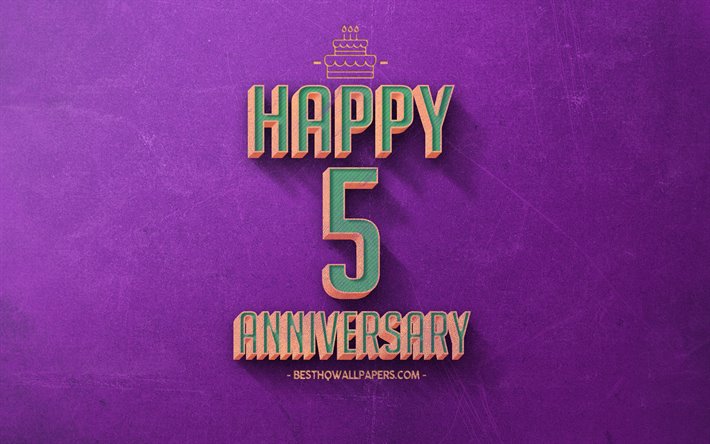 5 Years Anniversary, Purple Retro Background, 5th Anniversary sign, Retro Anniversary Background, Retro Art, Happy 5th Anniversary, Anniversary Background