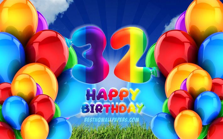 4k, 幸せに32歳の誕生日, 曇天の背景, 誕生パーティー, カラフルなballons, 作品, 32歳の誕生日, 誕生日プ, 第32回誕生パーティー