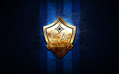 Los Angeles Galaxy FC, ouro logotipo, MLS, metal azul de fundo, americano futebol clube, Los Angeles Galaxy, United Soccer League, Los Angeles Galaxy logotipo, futebol, EUA, O Galaxy