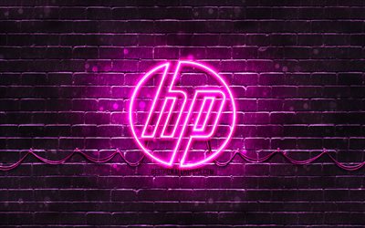HP viola logo, 4k, viola brickwall, Hewlett-Packard, HP logo, marchi, HP neon logo, HP, Hewlett-Packard logo