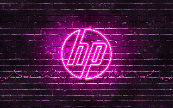 HP purple logo, 4k, purple brickwall, Hewlett-Packard, HP logo, brands, HP neon logo, HP, Hewlett-Packard logo