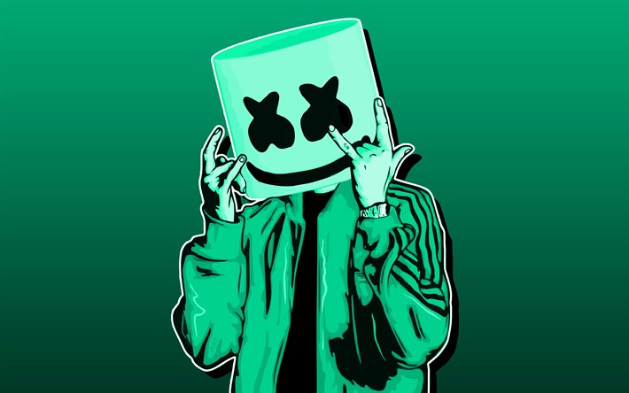 DJ Marshmello, 4k, turquoise, fond, american DJ, minimal, Christopher Comstock, superstars, Marshmello, Marshmello minimalisme, cr&#233;atif, Marshmello 4K, DJs
