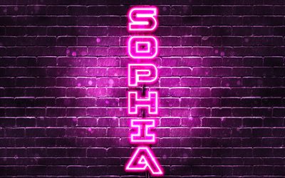 4K, Sophia, pystysuora teksti, Sophia nimi, taustakuvia nimet, naisten nimi&#228;, violetti neon valot, kuvan nimi Sophia