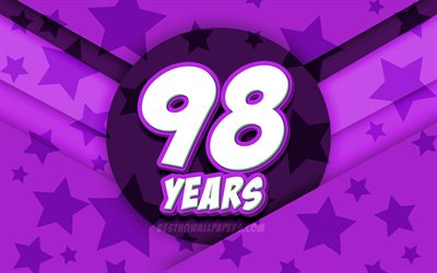 4k, 嬉しい98年に誕生日, コミック3D文字, 誕生パーティー, 紫星の背景, 嬉しい98歳の誕生日, 98誕生パーティー, 作品, 誕生日プ, 98歳の誕生日