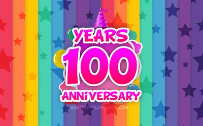 4k, 100 Years Anniversary, colorful clouds, Anniversary concept, rainbow background, 100th anniversary sign, creative 3D letters, 100th anniversary