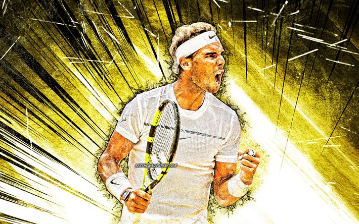 Rafael Nadal, el grunge de arte, espa&#241;ol jugadores de tenis, ATP, amarillo abstracto rayos, pista de tenis, Rafael Nadal Parera