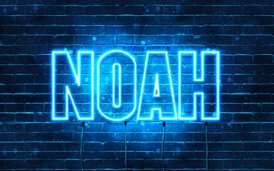 Noah, 4k, taustakuvia nimet, vaakasuuntainen teksti, Nooan nimi, blue neon valot, kuva Noah nimi