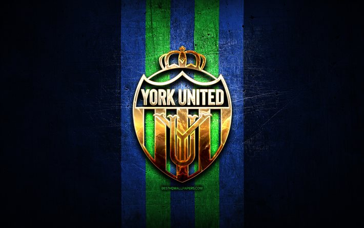 ヨーク・ユナイテッドFC, 金色のロゴ, カナダプレミアリーグ, 青い金属の背景, サッカー, カナダサッカークラブ, ヨーク・ユナイテッドのロゴ, ヨーク・ユナイテッド