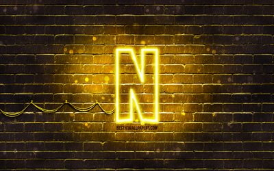 Netflix keltainen logo, 4k, keltainen tiilisein&#228;, Netflix-logo, tuotemerkit, Netflix neon logo, Netflix