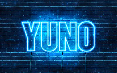 Buon compleanno Yuno, 4k, luci al neon blu, nome Yuno, creativo, Yuno Happy Birthday, Yuno Birthday, nomi maschili giapponesi popolari, foto con nome Yuno, Yuno