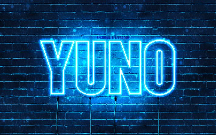 Feliz Anivers&#225;rio Yuno, 4k, luzes azuis de neon, nome Yuno, criativo, Yuno Feliz Anivers&#225;rio, Anivers&#225;rio yuno, nomes masculinos japoneses populares, foto com o nome Yuno, Yuno