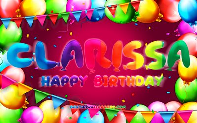Happy Birthday Clarissa, 4k, colorful balloon frame, Clarissa name, purple background, Clarissa Happy Birthday, Clarissa Birthday, popular american female names, Birthday concept, Clarissa