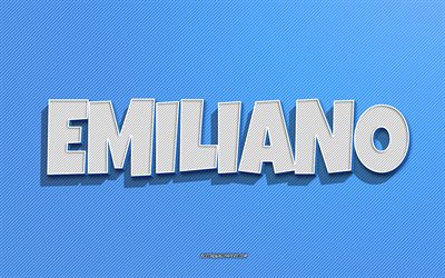 Emiliano, fond de lignes bleues, fonds d&#39;&#233;cran avec des noms, nom Emiliano, noms masculins, carte de voeux Emiliano, dessin au trait, photo avec nom Emiliano