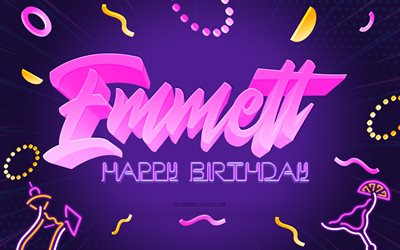 お誕生日おめでとうエメット, 4k, 紫のパーティーの背景, エメット, クリエイティブアート, エメットお誕生日おめでとう, エメット名, エメットの誕生日, 誕生日パーティーの背景