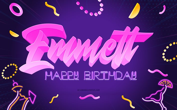 Buon compleanno Emmett, 4k, sfondo festa viola, Emmett, arte creativa, buon compleanno Emmett, nome Emmett, compleanno Emmett, sfondo festa di compleanno