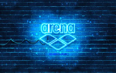 Arena blue logo, 4k, blue brickwall, Arena logo, brands, Arena neon logo, Arena