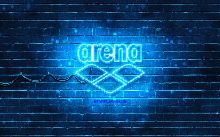 Arena blue logo, 4k, blue brickwall, Arena logo, brands, Arena neon logo, Arena