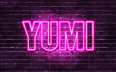 Hyv&#228;&#228; syntym&#228;p&#228;iv&#228;&#228; Yumi, 4k, vaaleanpunaiset neonvalot, Yumi nimi, luova, Yumi Happy Birthday, Yumi Birthday, suosittuja japanilaisia naisten nimi&#228;, kuva Yumi-nimell&#228;, Yumi