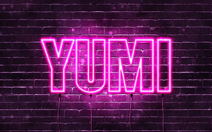 Happy Birthday Yumi, 4k, pink neon lights, Yumi name, creative, Yumi Happy Birthday, Yumi Birthday, popular japanese female names, picture with Yumi name, Yumi