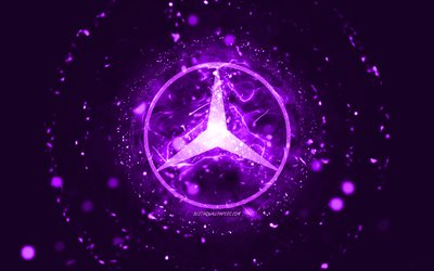 Mercedes-Benz menekşe logosu, 4k, menekşe neon ışıkları, yaratıcı, mor arka plan, Mercedes-Benz logosu, otomobil markaları, Mercedes-Benz