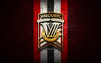 Valour FC, golden logo, Canadian Premier League, red metal background, football, canadian football club, Valour FC logo, soccer, FC Valour