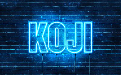 Joyeux anniversaire Koji, 4k, n&#233;ons bleus, nom Koji, cr&#233;atif, Koji joyeux anniversaire, anniversaire Koji, noms masculins japonais populaires, photo avec nom Koji, Koji